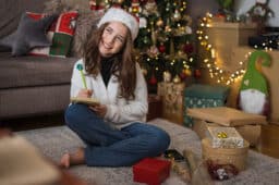 Woman sitting on the floor writing on her notebook