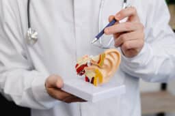 A doctor shows a mock-up of an ear and tells a patient about the structure of the ear, close-up.